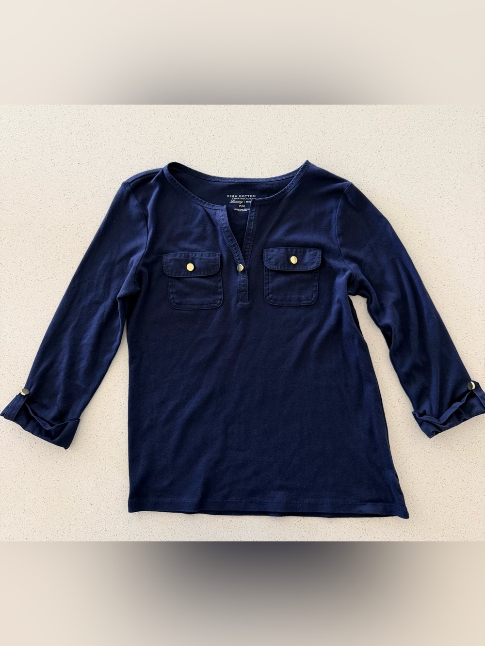 Charter Club Navy Blue 100% Pima Cotton 3/4 Roll-Tab Sleeve Top Petite Medium